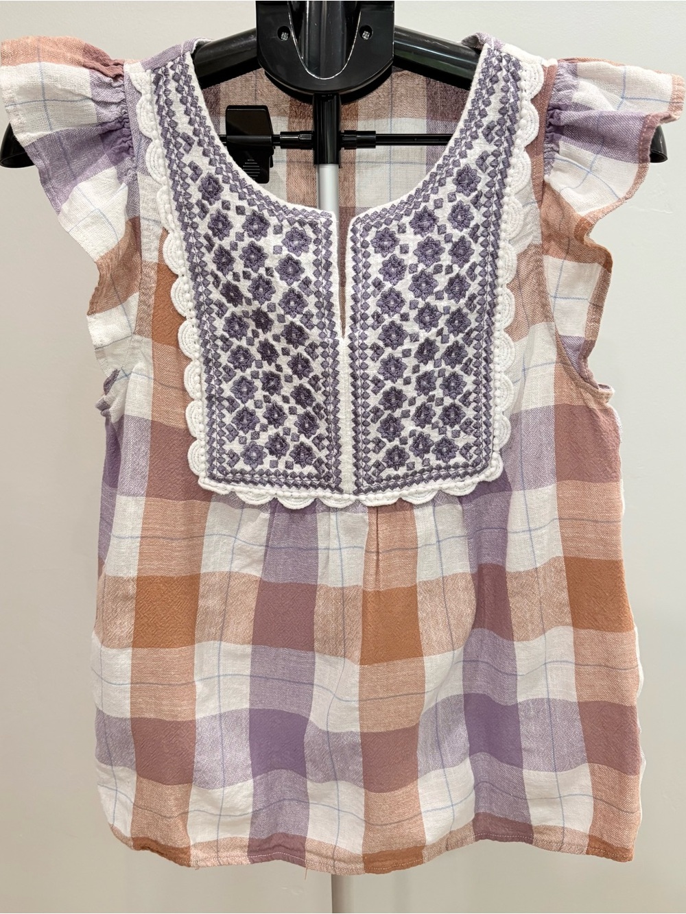 Embroidered Plaid Flutter Sleeve Linen Top - Lavender & Tan
